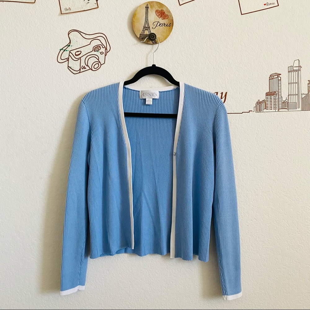 Casual Corner Annex Ribbed Blue White Cardigan L